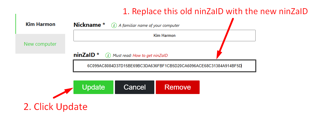 replace old ninZaID with new ninZaID